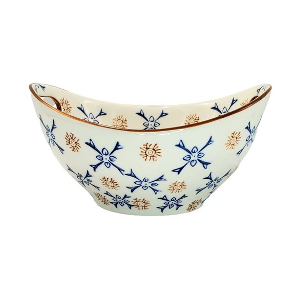 Temptations Atomic Flower Oval Vegetable Serving Bowl Blue/Gold/Ivory - Picture 3 of 8